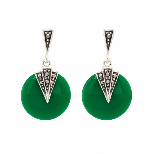 Mabel: Round Art Deco Drop Earrings in Green Agate, Marcasite and Sterling Silver