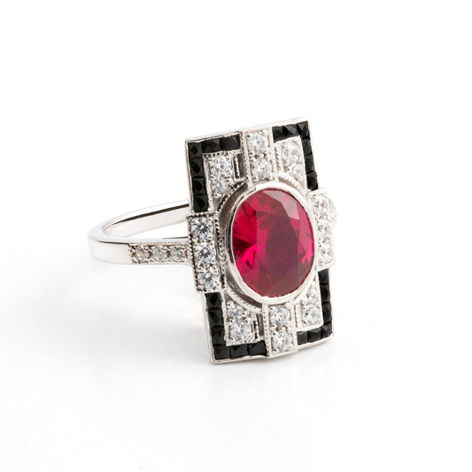 Mallory: Art Deco Style Ring in Synthetic Ruby, Onyx, Cubic Zirconia and Sterling Silver
