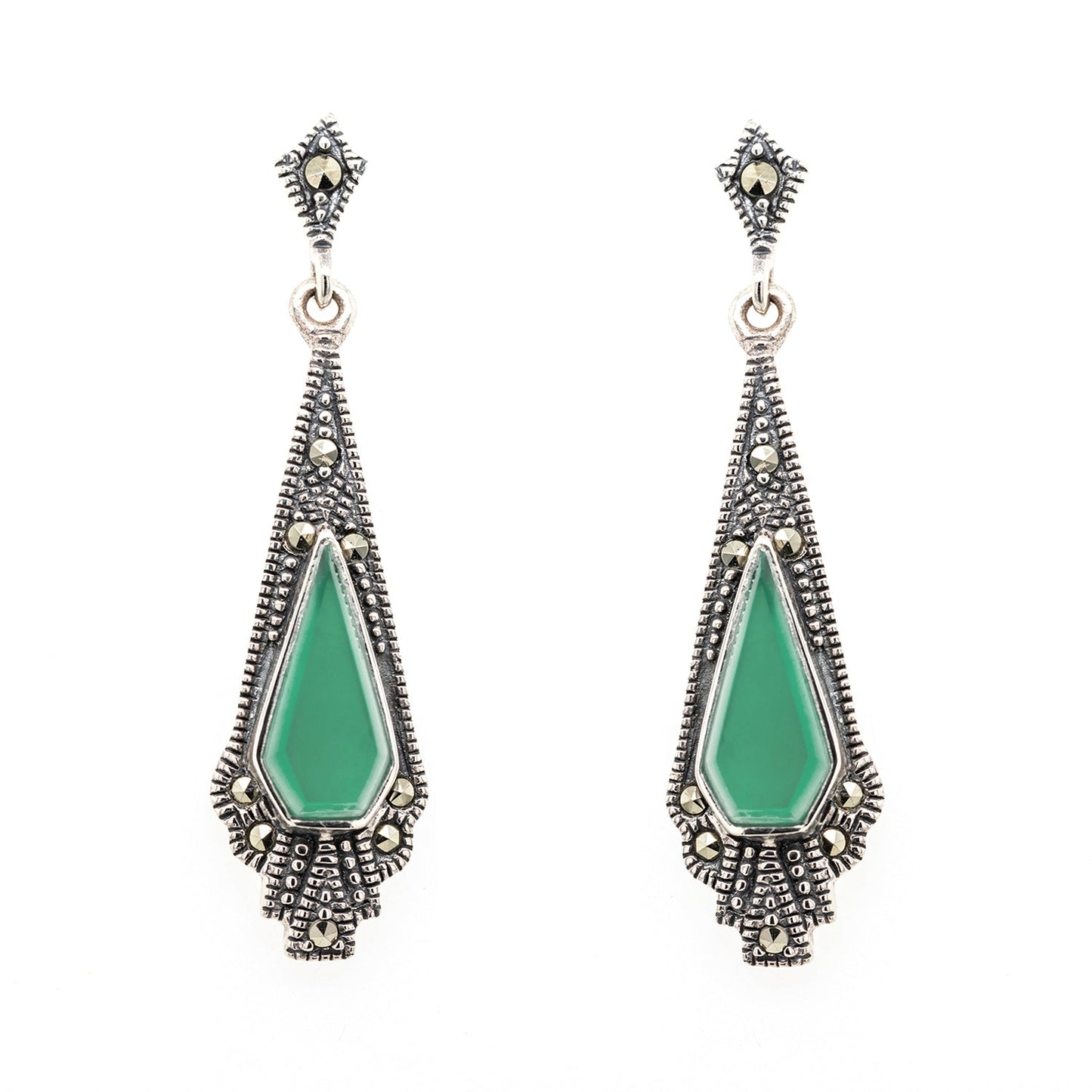 Ramona: Art Deco Style Earrings in Green Agate, Marcasite and Sterling Silver