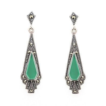 Ramona: Art Deco Style Earrings in Green Agate, Marcasite and Sterling Silver