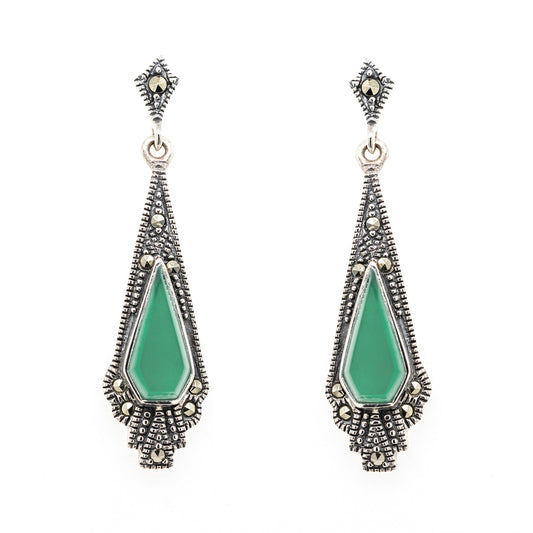 Ramona: Art Deco Style Earrings in Green Agate, Marcasite and Sterling Silver