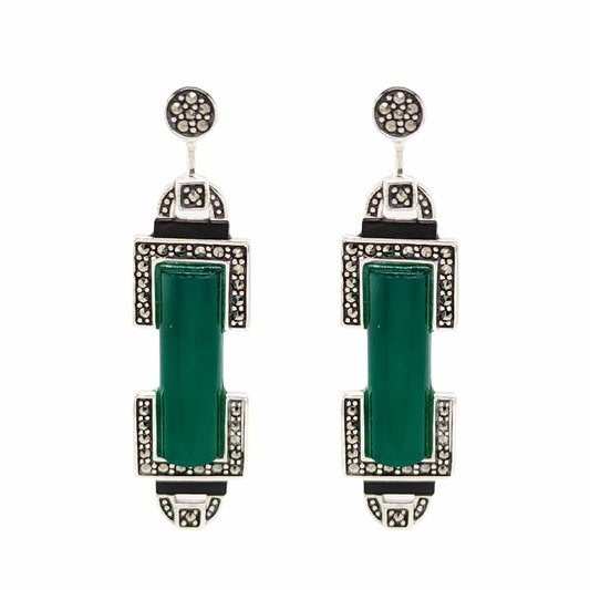 Simone: Art Deco Style Earrings in Green Agate, Marcasite, Black Onyx and Sterling Silver