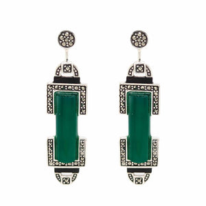 Simone: Art Deco Style Earrings in Green Agate, Marcasite, Black Onyx and Sterling Silver