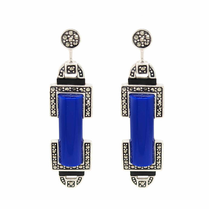 Simone: Art Deco Style Earrings in Synthetic Lapis, Marcasite, Black Onyx and Sterling Silver