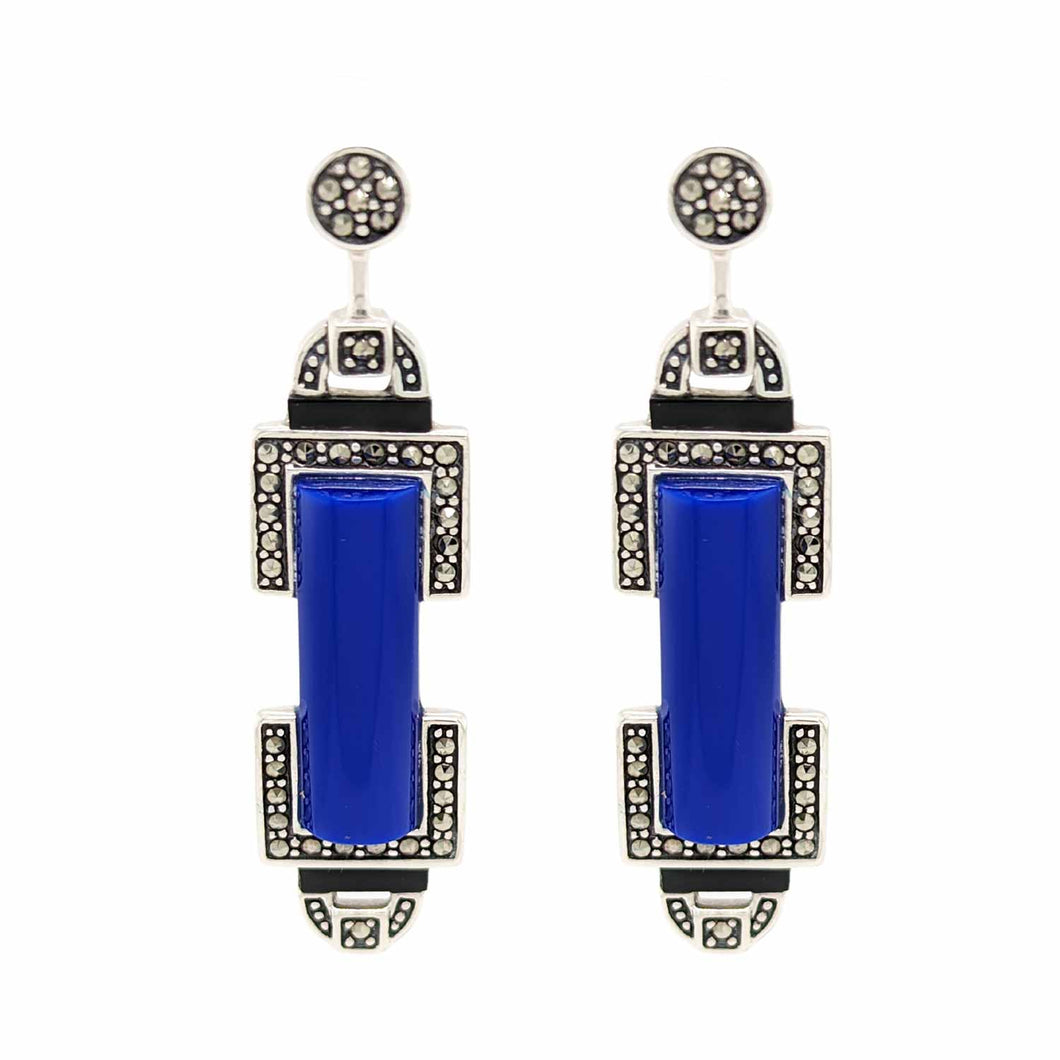 Simone: Art Deco Style Earrings in Synthetic Lapis, Marcasite, Black Onyx and Sterling Silver