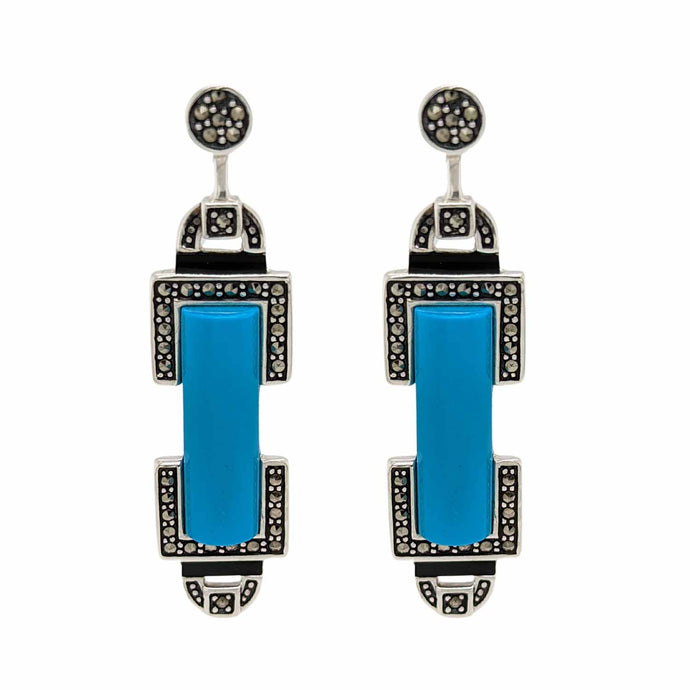 Simone: Art Deco Style Earrings in Turquoise, Marcasite, Black Onyx and Sterling Silver