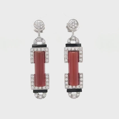 Marlene: Art Deco Barrel Drop Earrings in Carnelian, Cubic Zirconia, Black Onyx and Sterling Silver