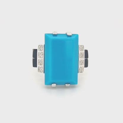 Dominique: Art Deco Design Ring in Turquoise Onyx Cubic Zirconia and Sterling Silver