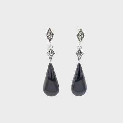 Cordelia: Art Deco Drop Earrings in Black Onyx, Marcasite and Sterling Silver