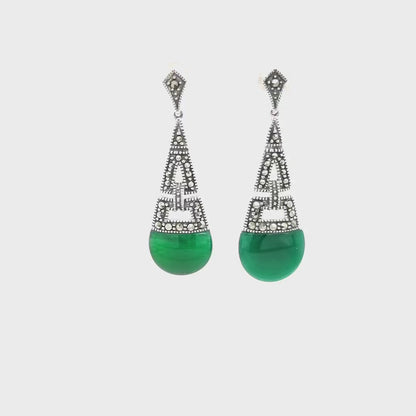 Ella: Art Deco Drop Earrings in Green Agate, Marcasite and Sterling Silver