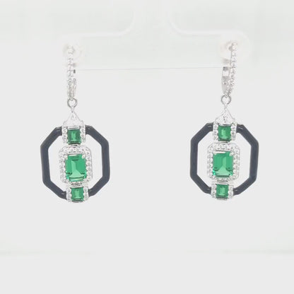Rachel: Art Deco Style Earrings in Green Cubic Zirconia, Cubic Zirconia and Enamel