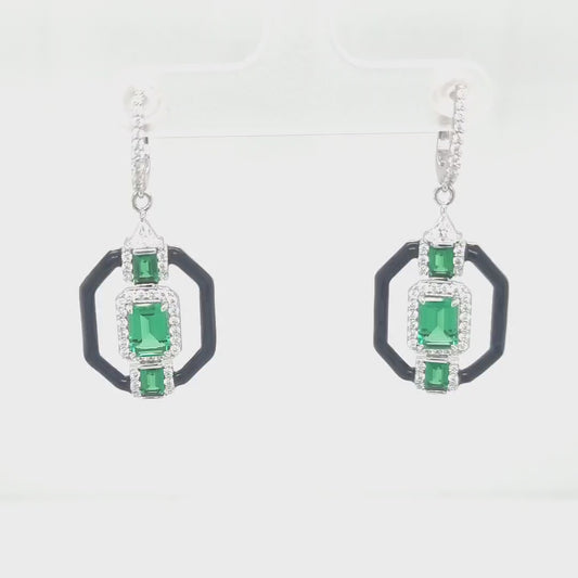 Rachel: Art Deco Style Earrings in Green Cubic Zirconia, Cubic Zirconia and Enamel