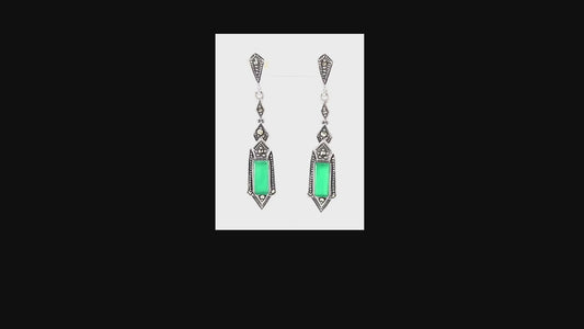 Felicity: Art Deco Style Earrings in Green Agate, Marcasite and Sterling Silver