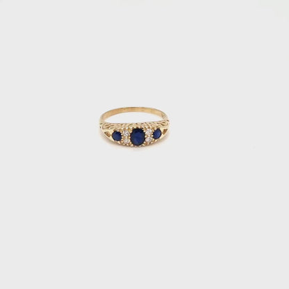 Matilda: Victorian Style Half Hoop Ring in 9ct Yellow Gold, Sapphire and Diamond