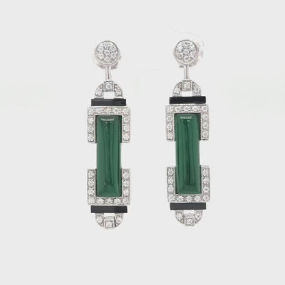 Marlene: Art Deco Barrel Drop Earrings in Green Agate, Cubic Zirconia, Black Onyx and Sterling Silver