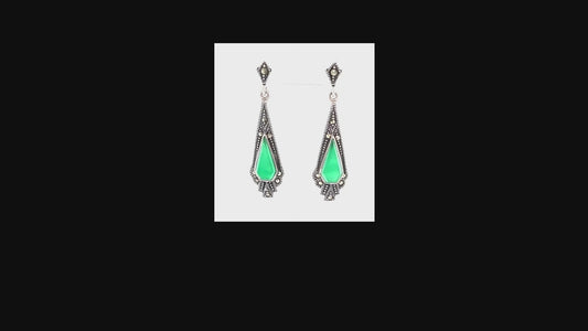 Ramona: Art Deco Style Earrings in Green Agate, Marcasite and Sterling Silver