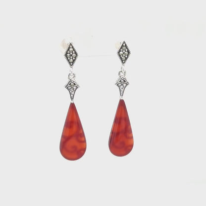 Cordelia: Art Deco Drop Earrings Carnelian, Marcasite and Sterling Silver