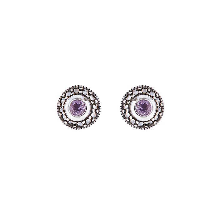 Maria: Art Deco Stud Earrings in Amethyst, Marcasite and Sterling Silver