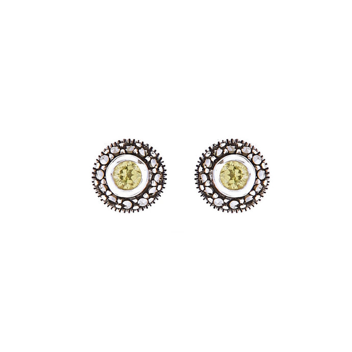 Maria: Art Deco Stud Earrings in Peridot, Marcasite and Sterling Silver