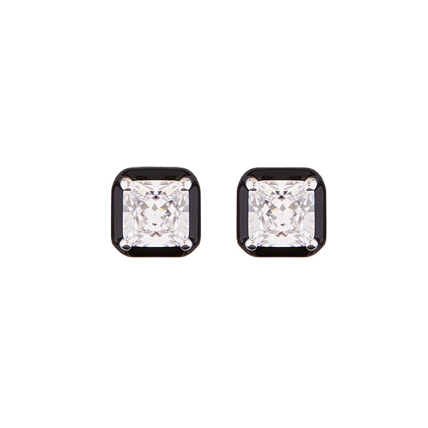 Lauren: Art Deco Stud Earrings in Cubic Zirconia, Black Enamel and Sterling Silver