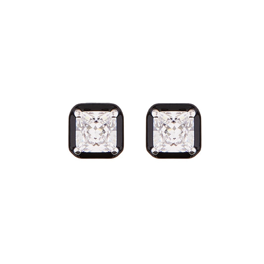 Lauren: Art Deco Stud Earrings in Cubic Zirconia, Black Enamel and Sterling Silver