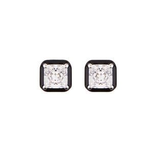 Lauren: Art Deco Stud Earrings in Cubic Zirconia, Black Enamel and Sterling Silver
