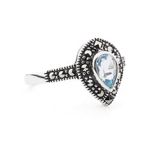 Load image into Gallery viewer, Art Deco Style Pear Shaped Ring: Silver, Blue Topaz, Marcasite