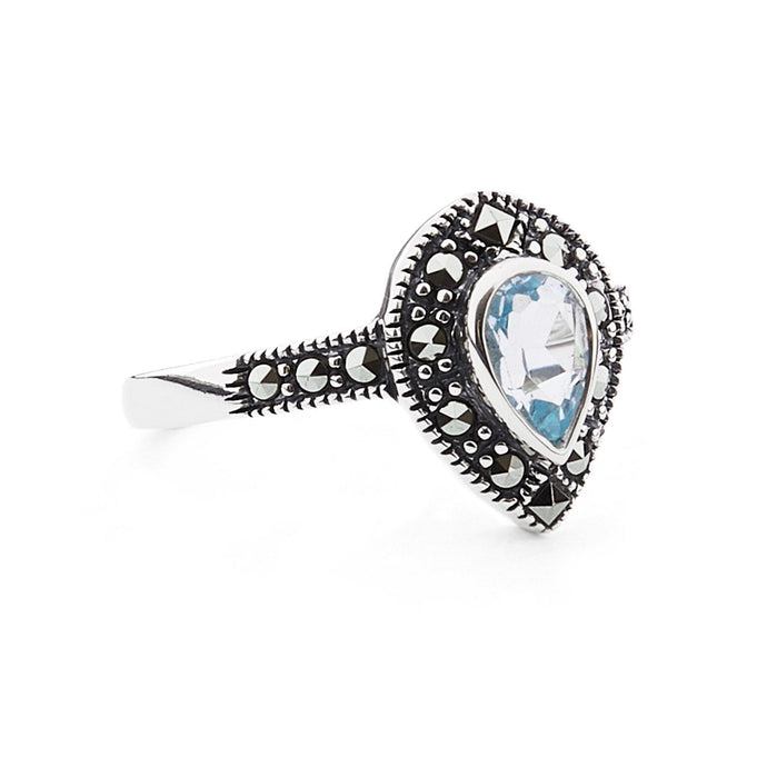 Art Deco Style Pear Shaped Ring: Silver, Blue Topaz, Marcasite
