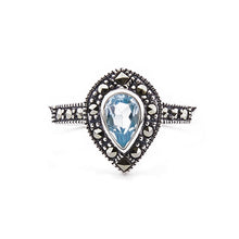 Load image into Gallery viewer, Bianca: Art Deco Pear Shaped Ring in Blue Topaz, Marcasite and Sterling Silver