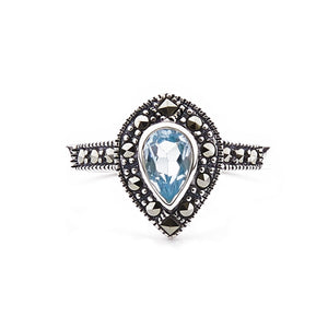 Bianca: Art Deco Pear Shaped Ring in Blue Topaz, Marcasite and Sterling Silver