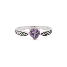 Load image into Gallery viewer, Art Deco Style Heart Ring: Amethyst, Marcasite and Sterling Silver