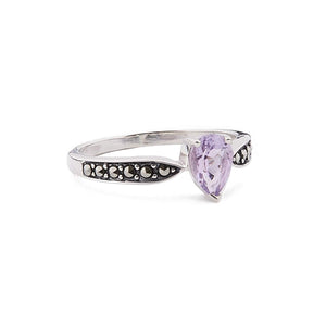 Art Deco Style Pear Shaped Ring: Amethyst, Marcasite and Sterling Silver