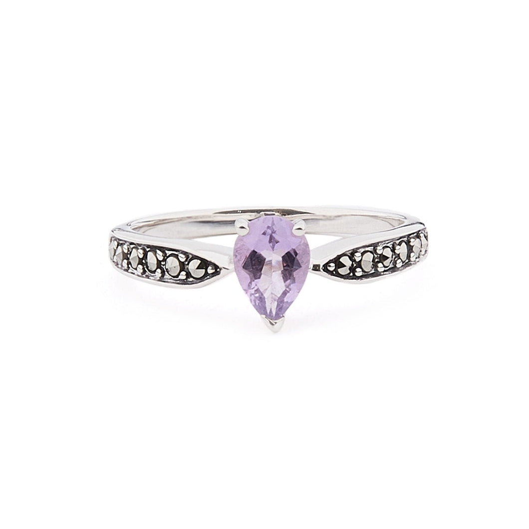 Art Deco Style Pear Shaped Ring: Amethyst, Marcasite and Sterling Silver