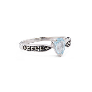 Art Deco Style Pear Shaped Ring: Sterling Silver, Marcasite, Blue Topaz