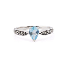 Load image into Gallery viewer, Art Deco Style Pear Shaped Ring: Sterling Silver, Marcasite, Blue Topaz