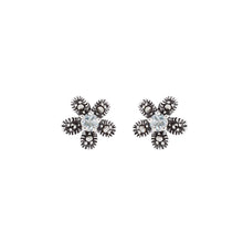 Load image into Gallery viewer, Hermia: Flower Stud Earrings in Blue Topaz, Marcasite and Sterling Silver