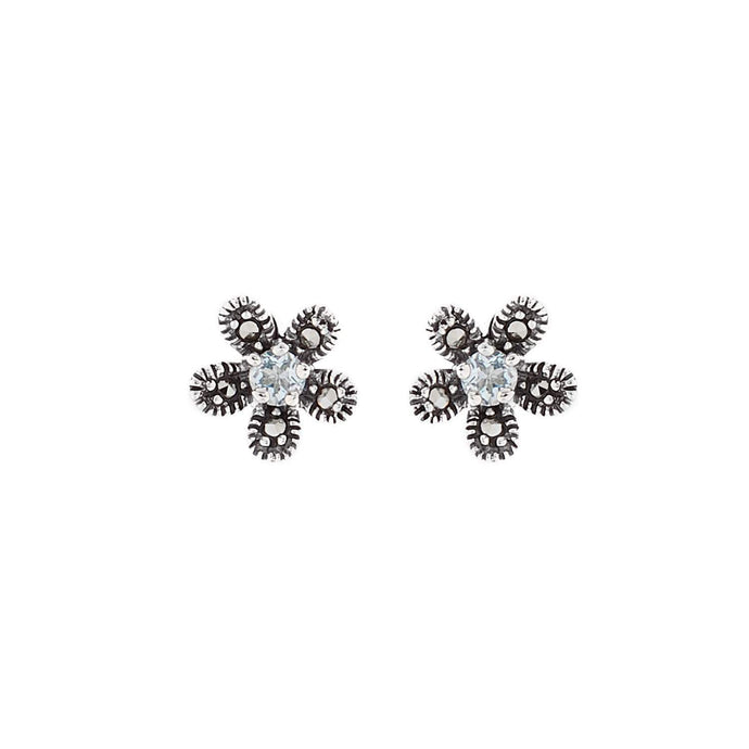 Hermia: Flower Stud Earrings in Blue Topaz, Marcasite and Sterling Silver