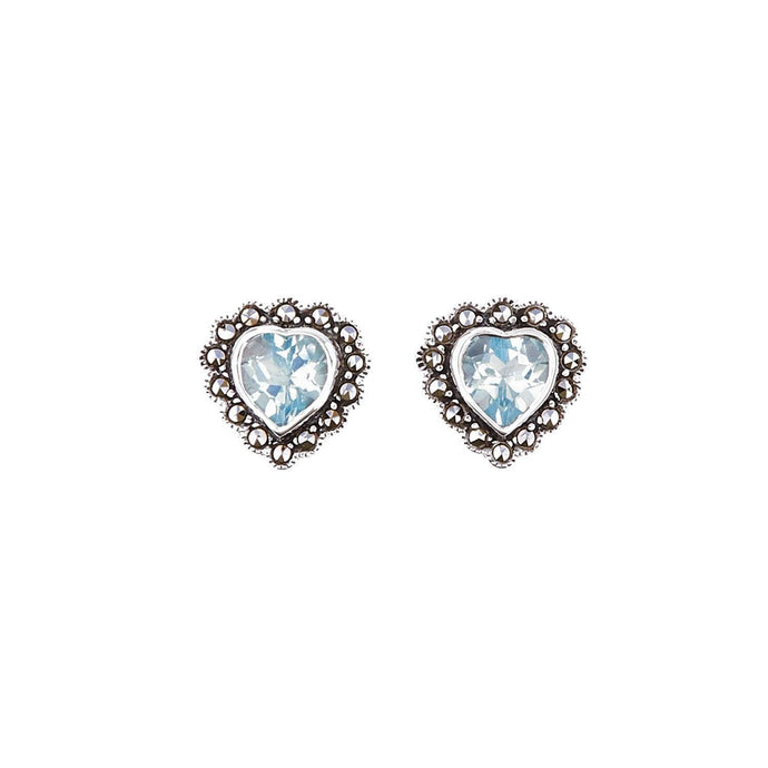 Jessica: Art Deco Heart Stud Earrings in Blue Topaz, Marcasite and Sterling Silver