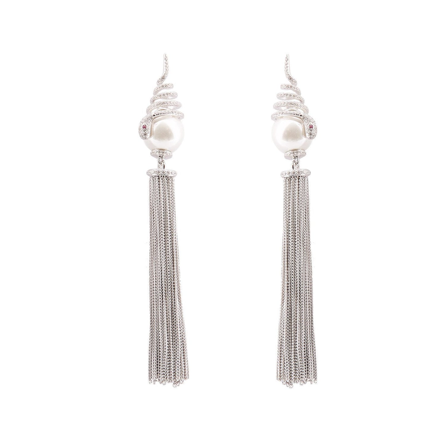 Vivien: Snake Tassle Drop Earrings in Pearl, Cubic Zirconia and Sterling Silver