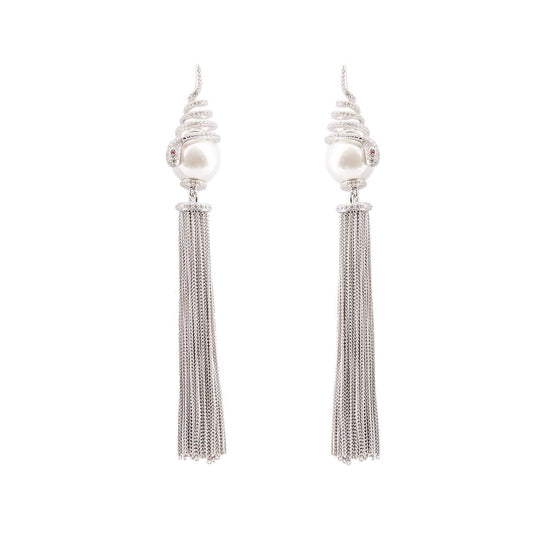 Vivien: Snake Tassle Drop Earrings in Pearl, Cubic Zirconia and Sterling Silver
