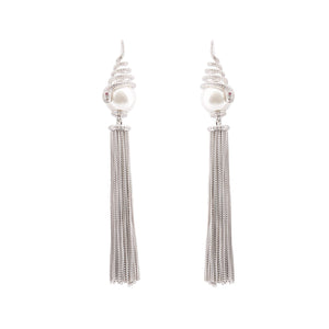 Vivien: Snake Tassle Drop Earrings in Pearl, Cubic Zirconia and Sterling Silver