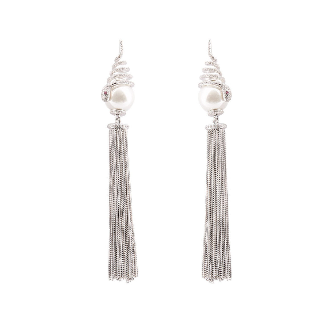 Vivien: Snake Tassle Drop Earrings in Pearl, Cubic Zirconia and Sterling Silver