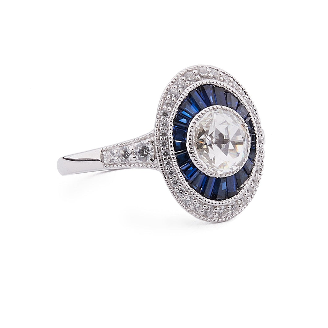 Art Deco Style Ring: Silver, Cubic Zirconia and Synthetic Sapphire