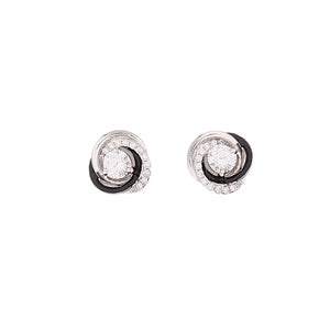 Art Deco Style Stud Earrings: Sterling Silver, Cubic Zirconia, Black Enamel