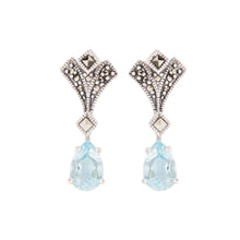 Load image into Gallery viewer, Margery: Art Deco Drop Earrings in Blue Topaz, Marcasite and Sterling Silver
