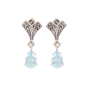 Margery: Art Deco Drop Earrings in Blue Topaz, Marcasite and Sterling Silver