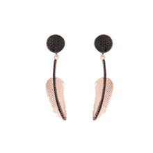 Load image into Gallery viewer, Feather Drop Earrings: Black Cubic Zirconia and Rose Gold