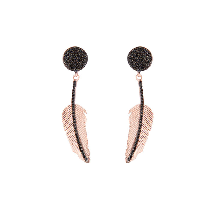 Feather Drop Earrings: Black Cubic Zirconia and Rose Gold