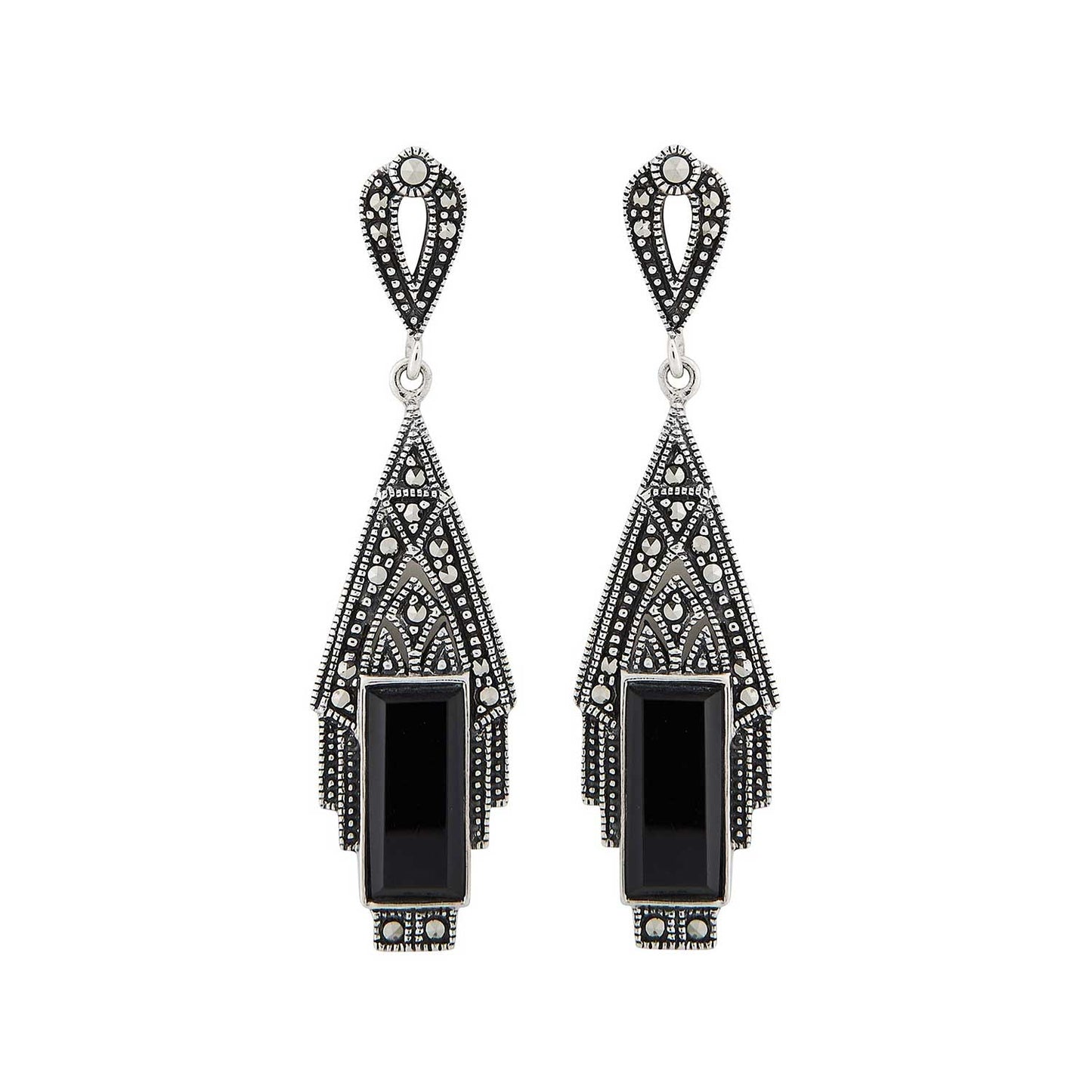 Silver, Marcasite and Onyx Art Deco Style Earrings