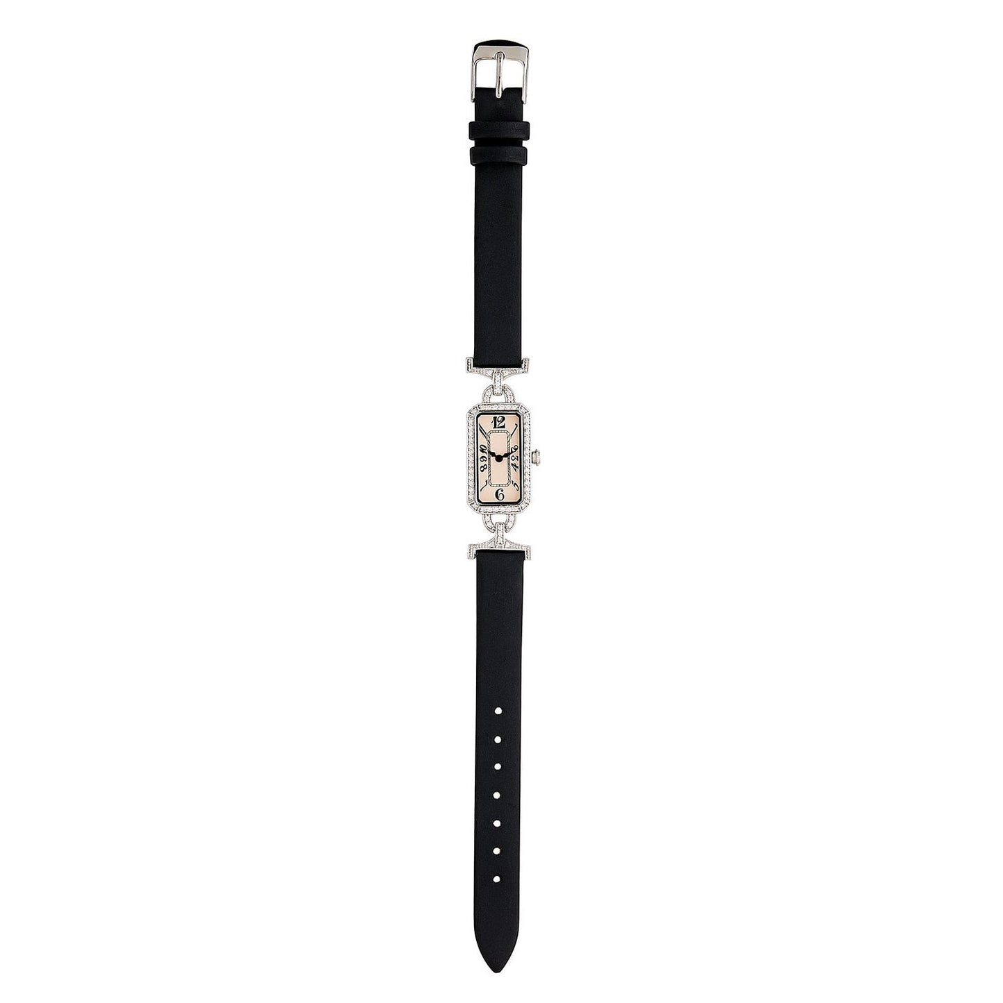 Alexandra: Art Deco Style Watch in Sterling Silver and Cubic Zirconia on a Leather Black Ribbon Strap.